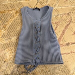 SHEIN Light Blue Lace-Up Ribbed Tank Top